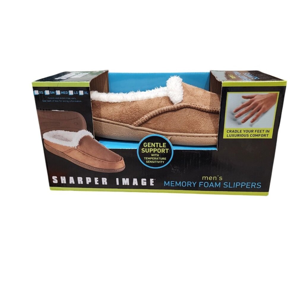Sharper Image Memory Foam Fur Lined Moccasins Slippers Mens 8/9 Womens 9/10